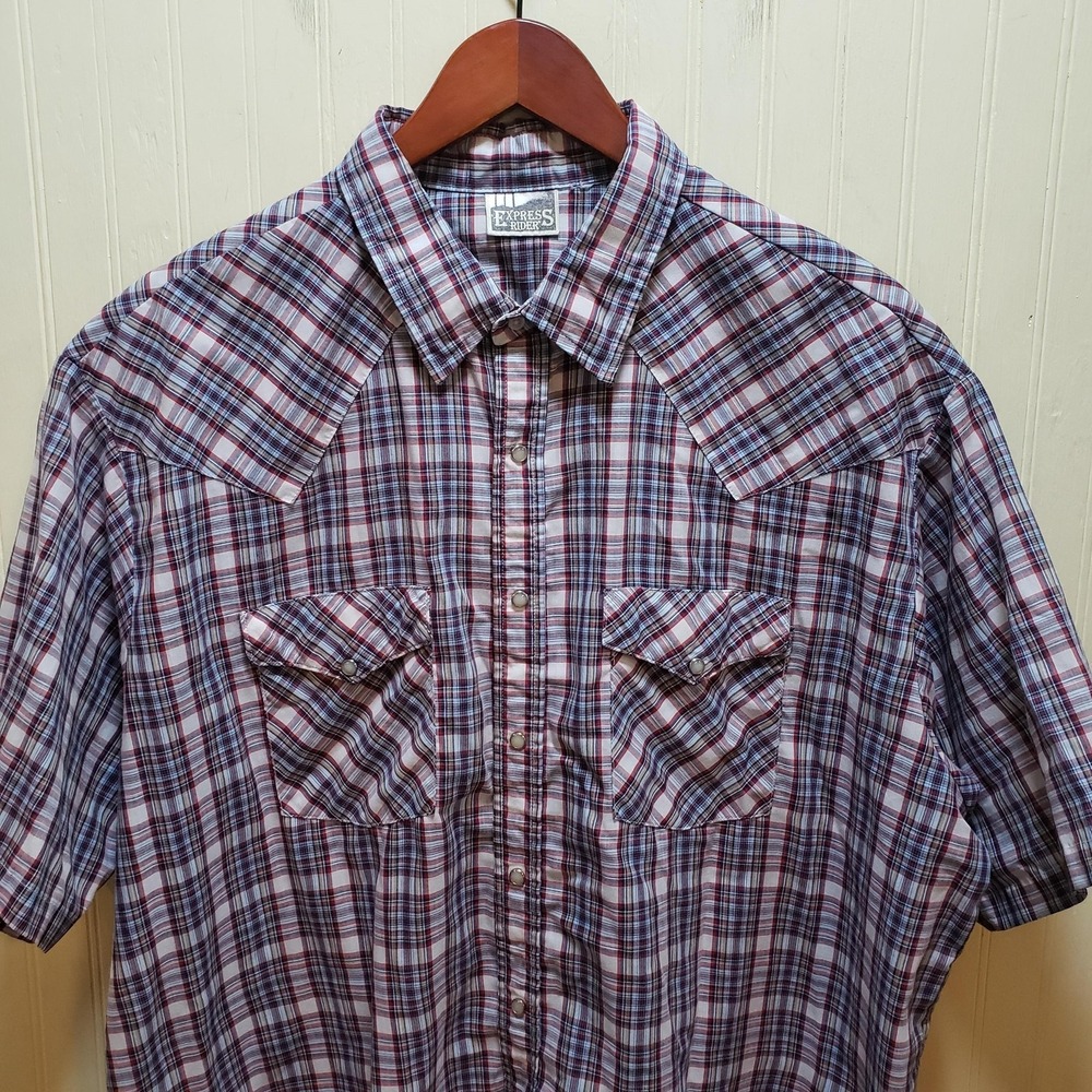 Express Rider Shirt Mens 2XL Red Blue Plaid Western Pearl Snap Short Sleeve